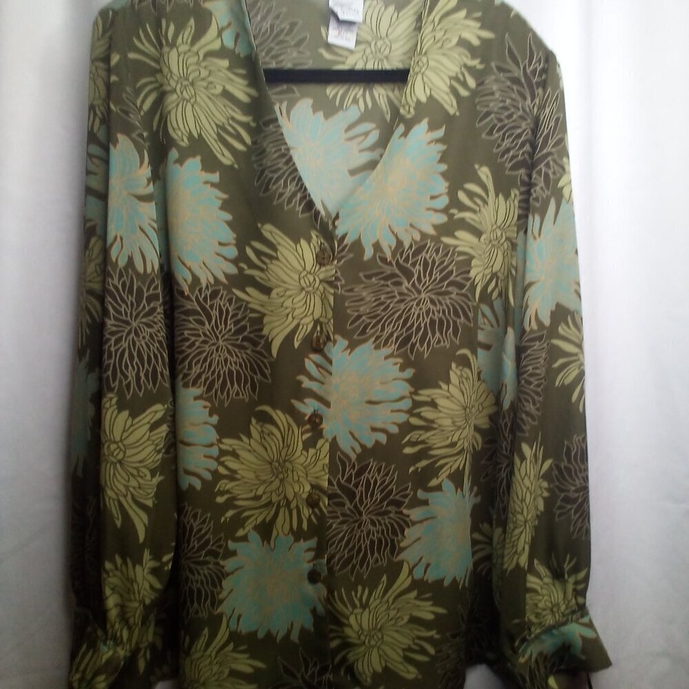 Giorgio Fiorlini Blouse Plus Collection 22 24 Button Up Long Sleeve Floral Green